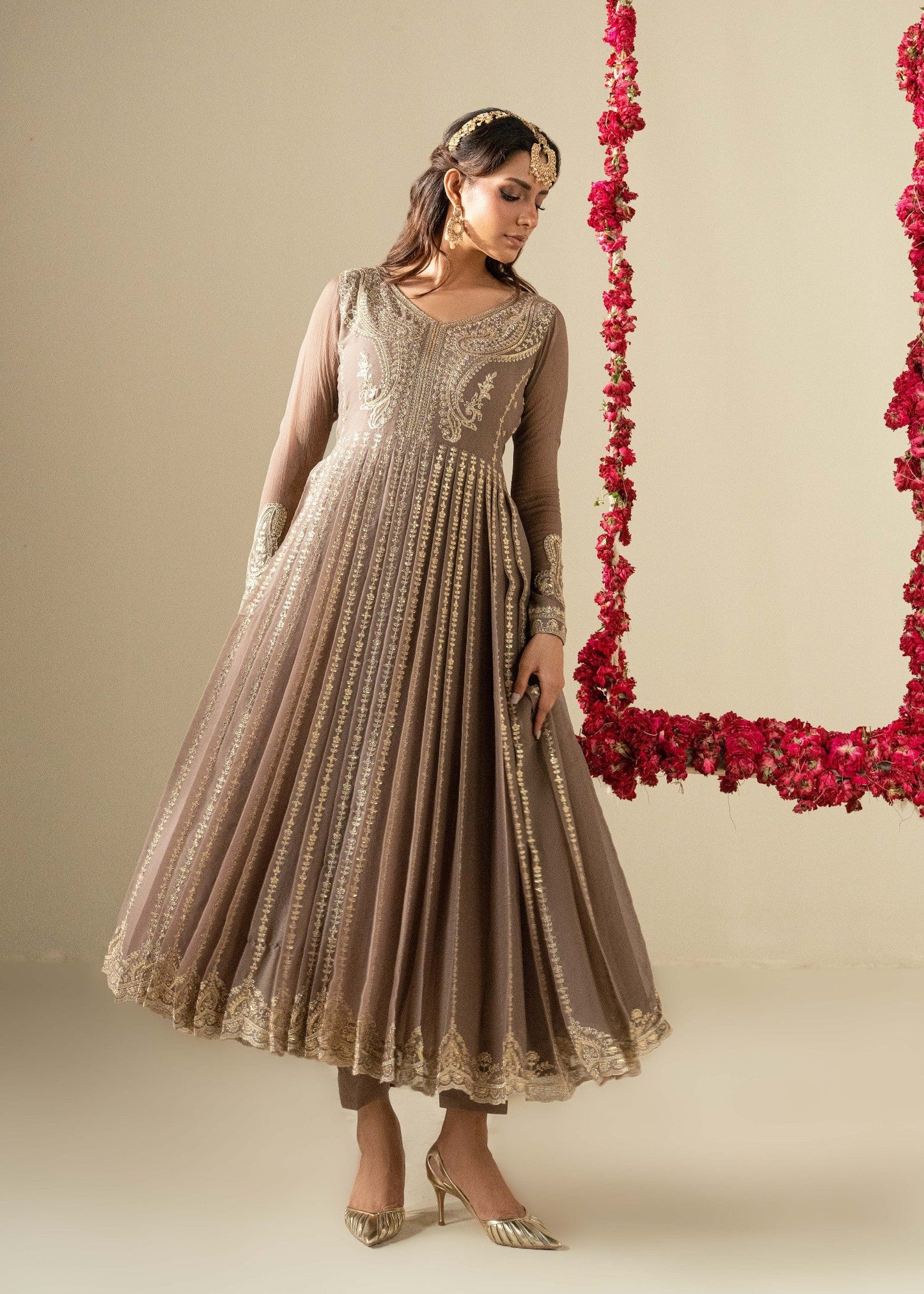 Coffee Embroidered Chiffon Party Wear Salwar Suit Online in Dubai UAE Abudhabi Ajman Sharjah