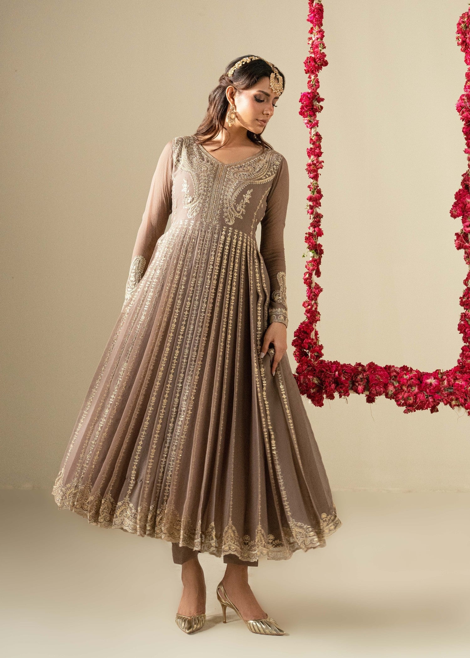Coffee Embroidered Chiffon Party Wear Salwar Suit Online in Dubai UAE Abudhabi Ajman Sharjah