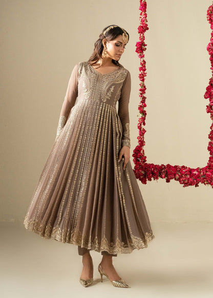 Coffee Embroidered Chiffon Party Wear Salwar Suit Online in Dubai UAE Abudhabi Ajman Sharjah