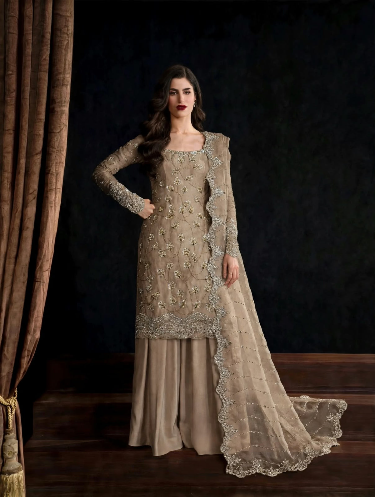 Coffee Brown Pure Crinkle Chiffon Suit with Cutdana Work