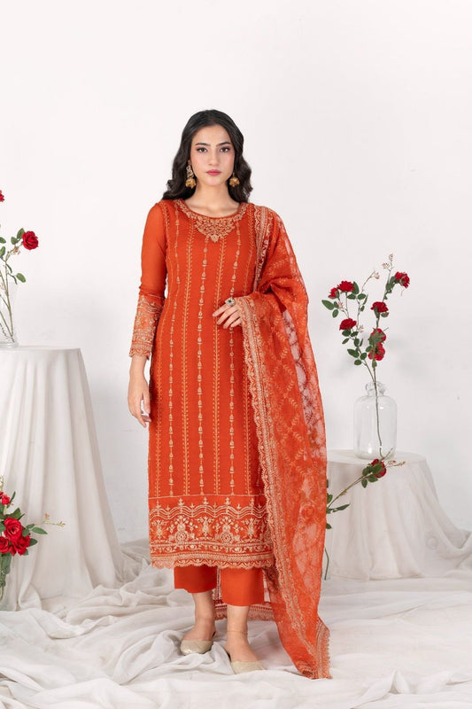 Copper Orange Embroidered Bemberg Crinkle Chiffon Partywear Suit Online in Dubai UAE Abudhabi Ajman Sharjah