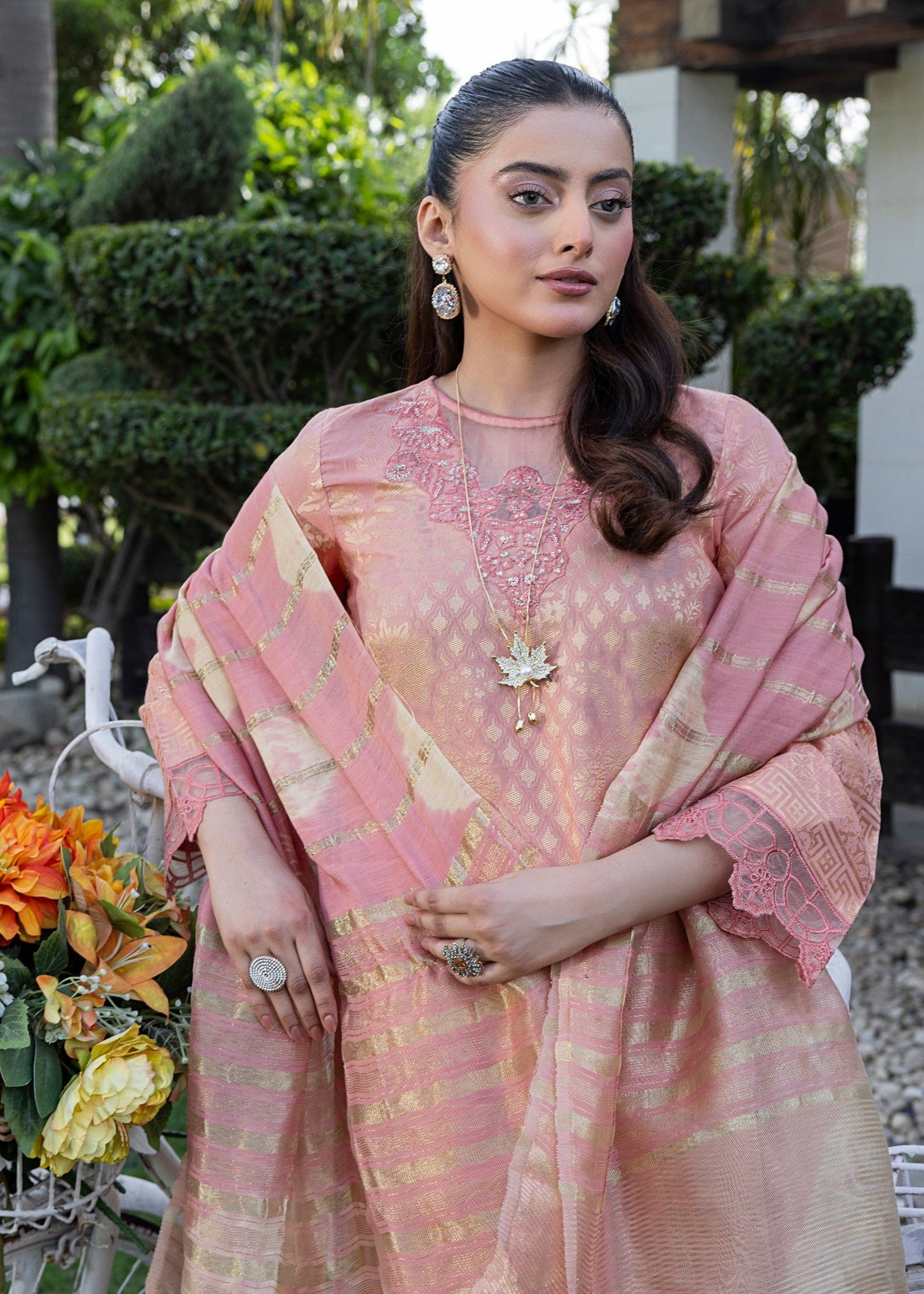 Coral Orange Party Wear Embroidered Suit Online in Dubai UAE Abudhabi Ajman Sharjah