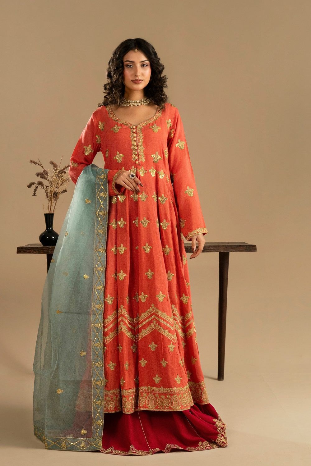 Coral Pink Embroidered Silk Pishwas Lehenga Online in Dubai UAE Abudhabi Ajman Sharjah