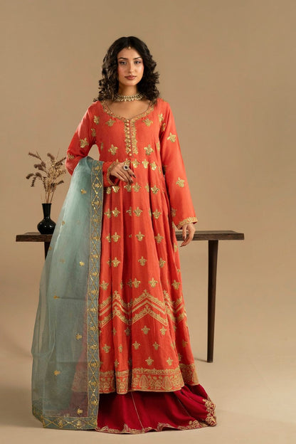 Coral Pink Embroidered Silk Pishwas Lehenga Online in Dubai UAE Abudhabi Ajman Sharjah