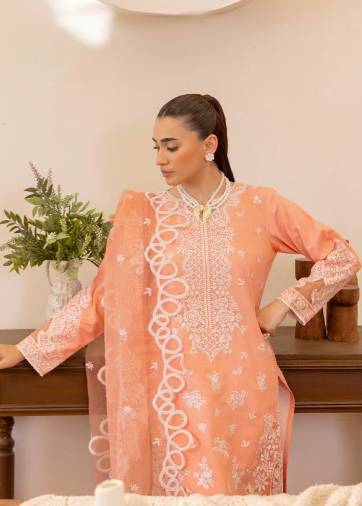 Coral Pink Lawn 3 Piece Pakistani Suit Online in Sri Lanka India Australia