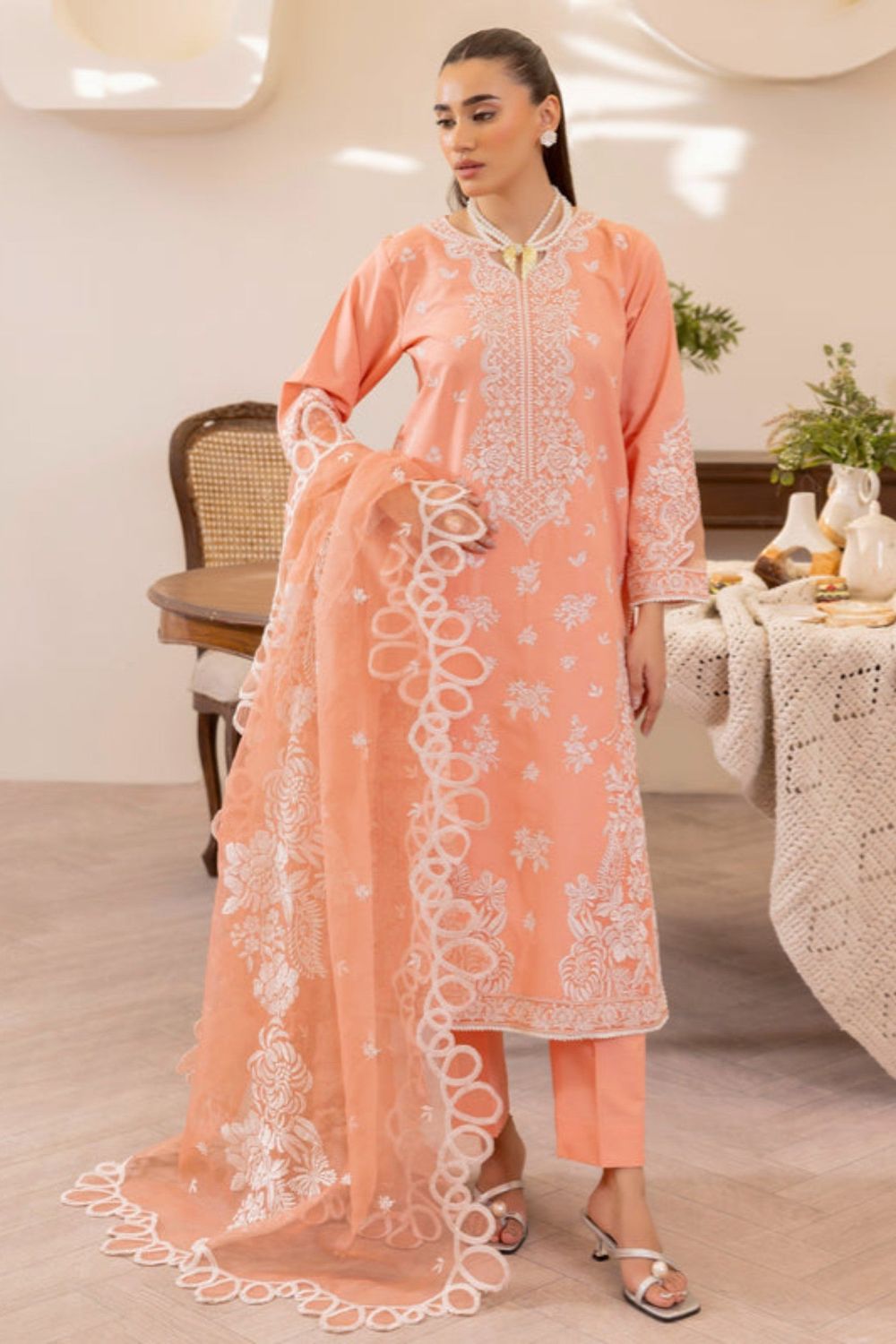 Coral Pink Lawn Straight Cut Kurta Salwar Suit Online in Dubai UAE Abudhabi Ajman Sharjah