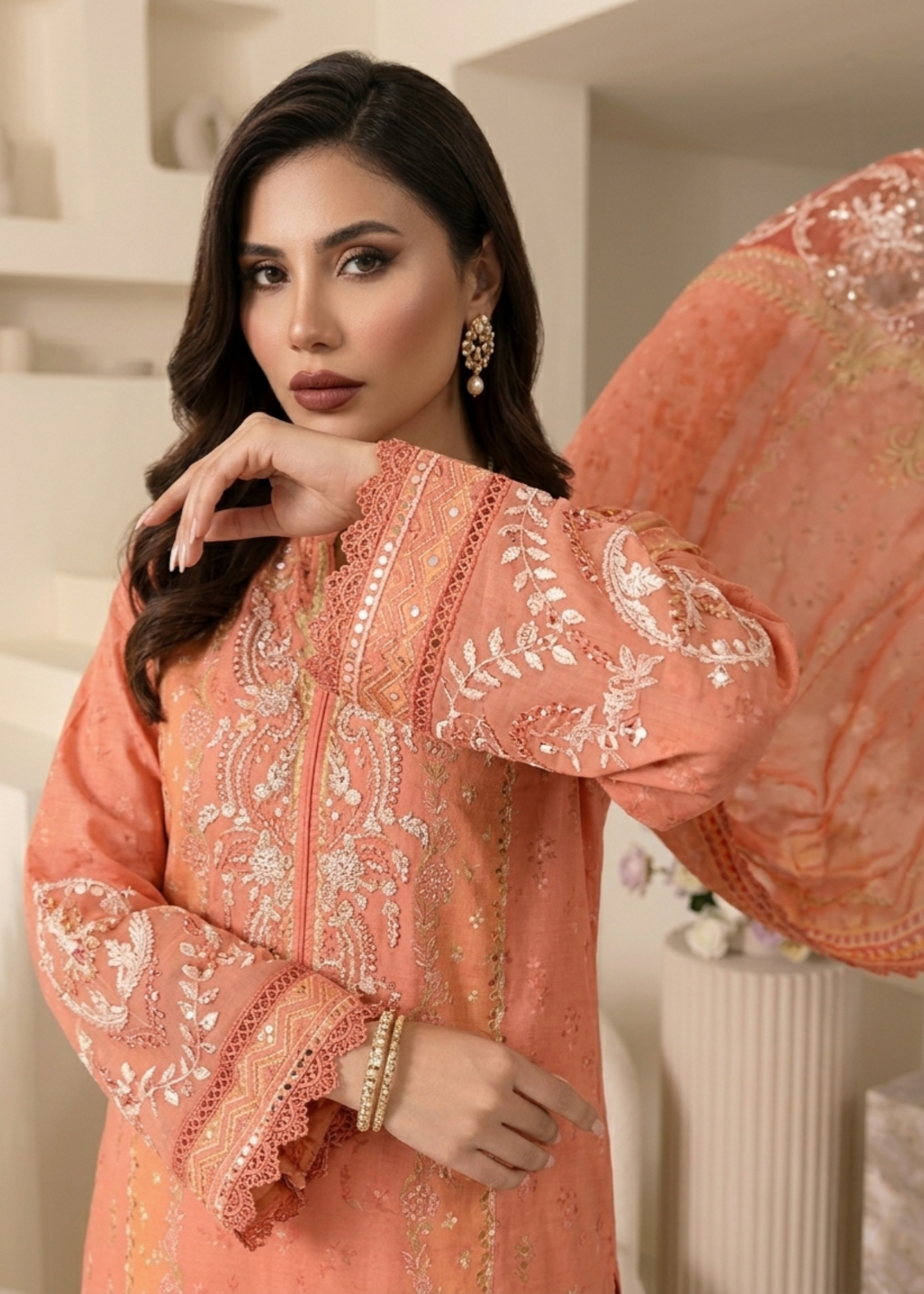 Coral Pink Raw Silk Festive Wear Dress Online in Sri Lanka India Australia