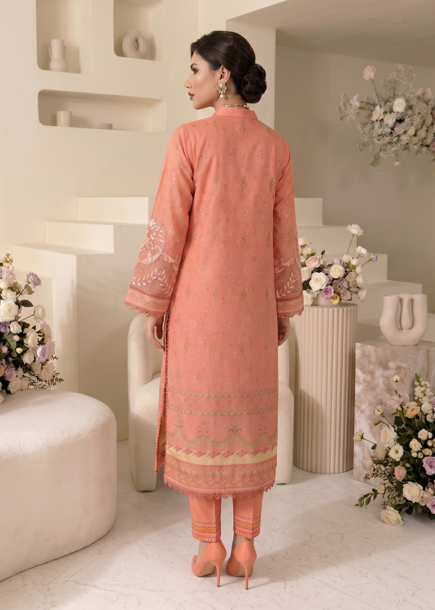 Coral Pink Raw Silk Kurta with Dupatta Online in Dubai UAE Abudhabi Ajman Sharjah