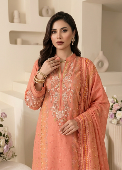 Coral Pink Raw Silk Suit with Silk Charmeuse Dupatta Online in Dubai UAE Abudhabi Ajman Sharjah