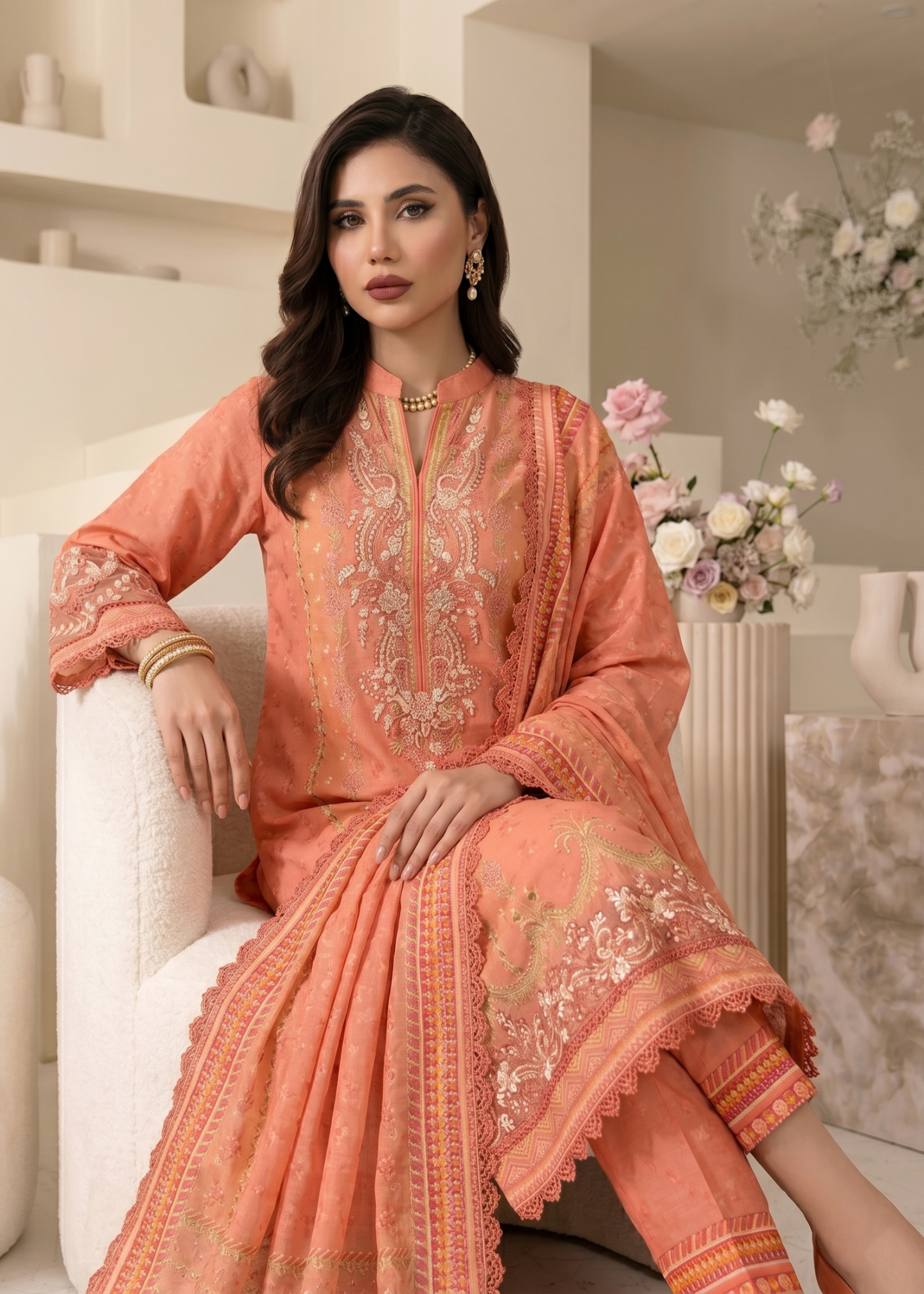 Coral Pink Raw Silk Three Piece Dress Material Online in Sri Lanka India Australia