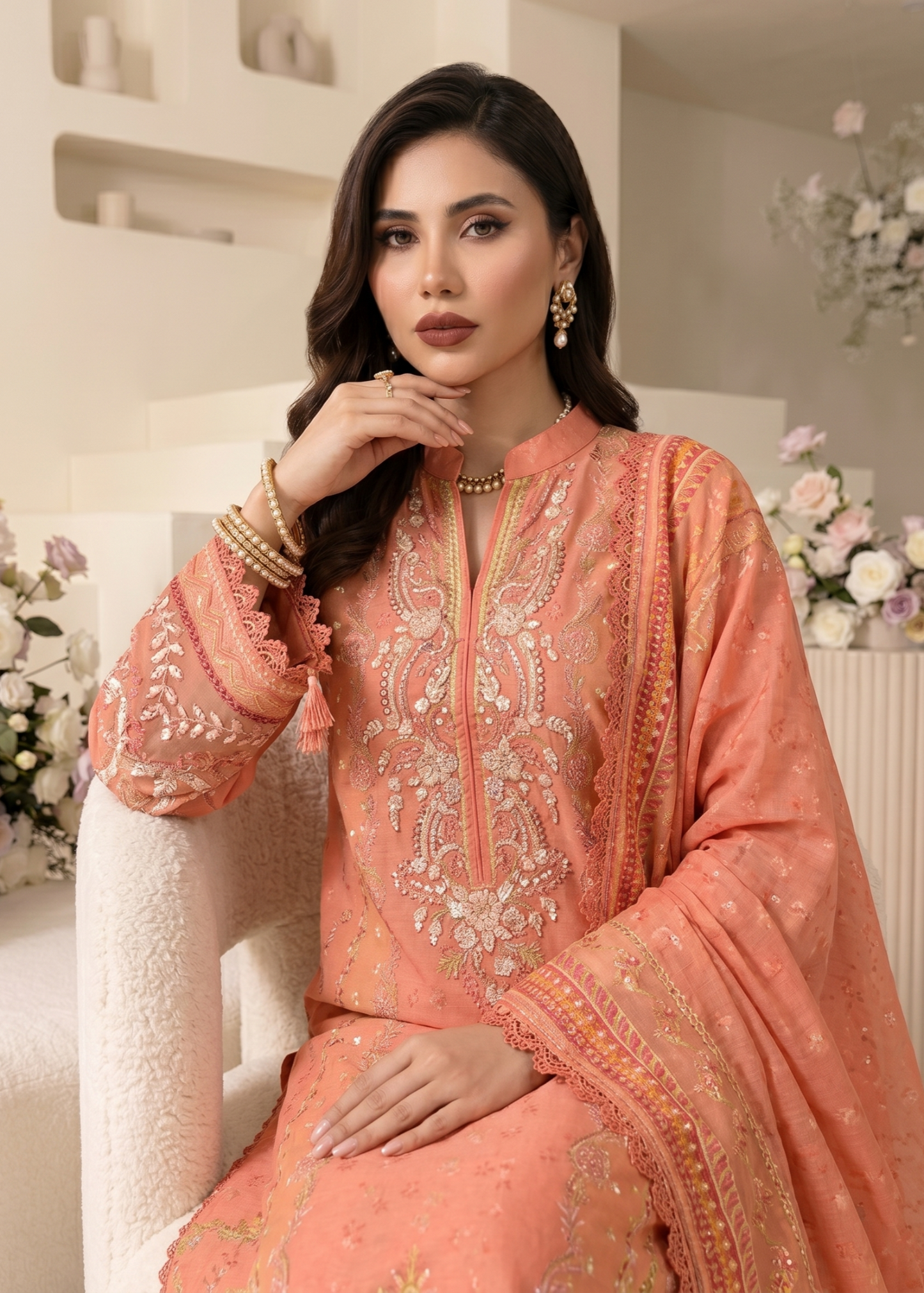 Coral Pink Raw Silk Three Piece Party Wear Suit Online in Dubai DXB UAE Abudhabi Meena Bazaar