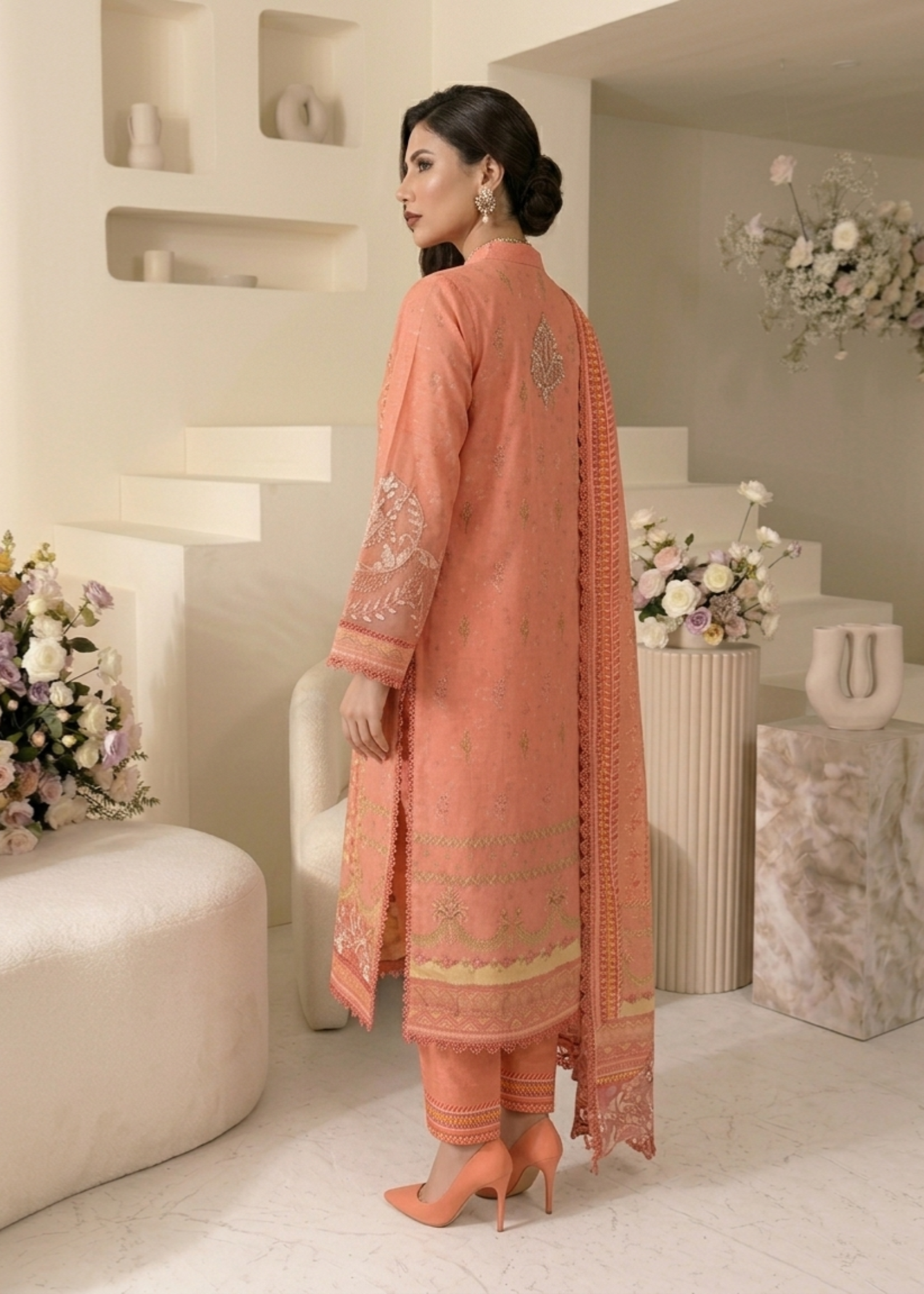 Coral Pink Raw Silk Three Piece Suit Online in Sri Lanka India Australia