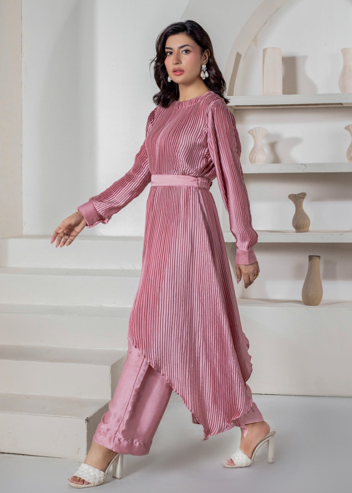 Coral Pink Shamooz Silk Co-ord Set Online in UK USA Canada