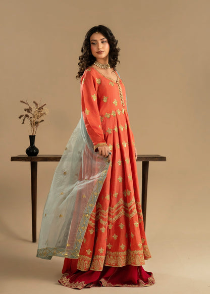 Coral Pink Silk Pishwas Lehenga Online in Dubai DXB UAE Abudhabi Meena Bazaar