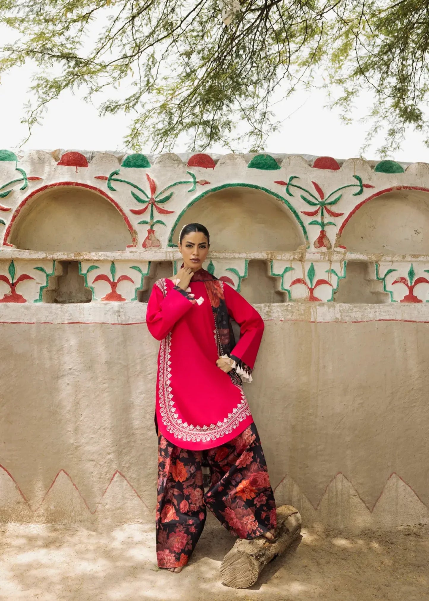 Coral Red Chiffon Dupatta Lawn Suit for Women Online in Sri Lanka India Australia