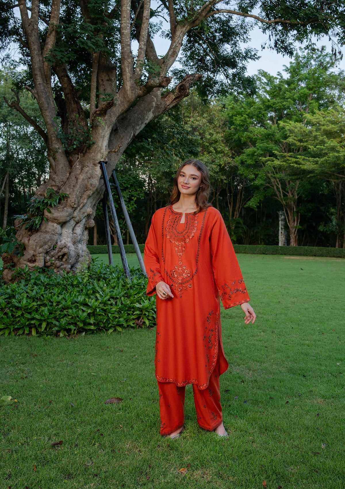 Coral Red Embroidered Khaddar Daily Wear Kurta Set Online in Dubai UAE Abudhabi Ajman Sharjah