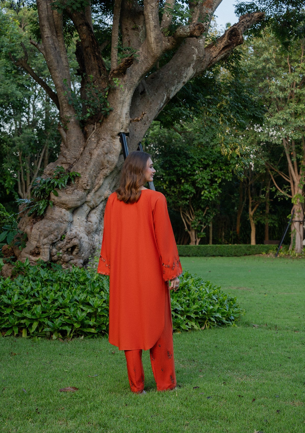 Coral Red Embroidered Khaddar Kurta Set Online in Dubai DXB UAE Abudhabi Meena Bazaar