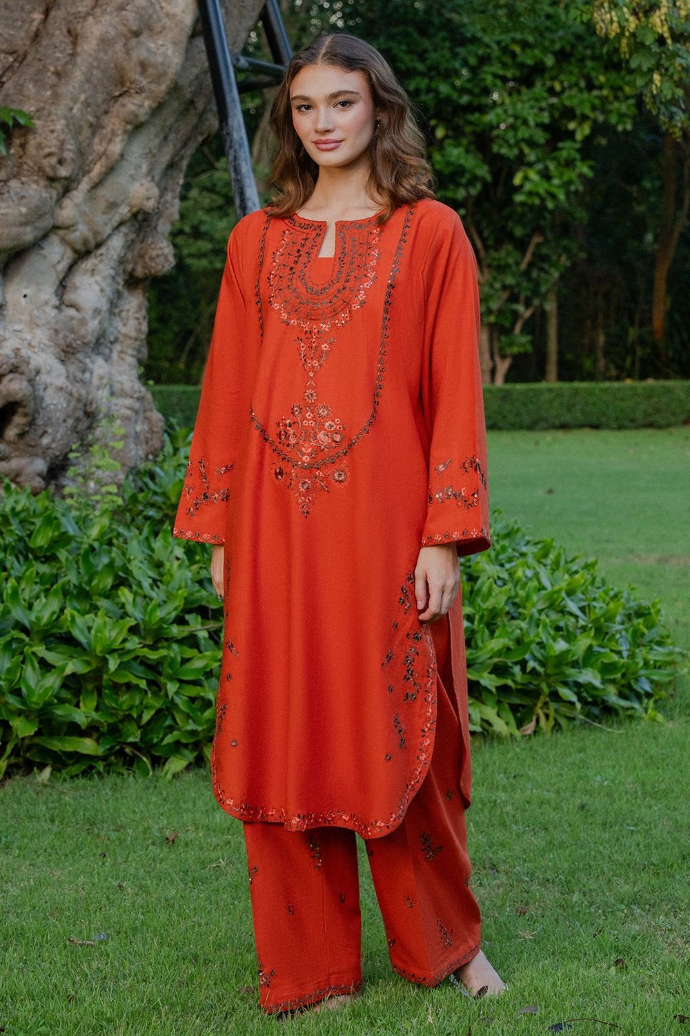 Coral Red Embroidered Khaddar Kurta Set Online in Dubai UAE Abudhabi Ajman Sharjah
