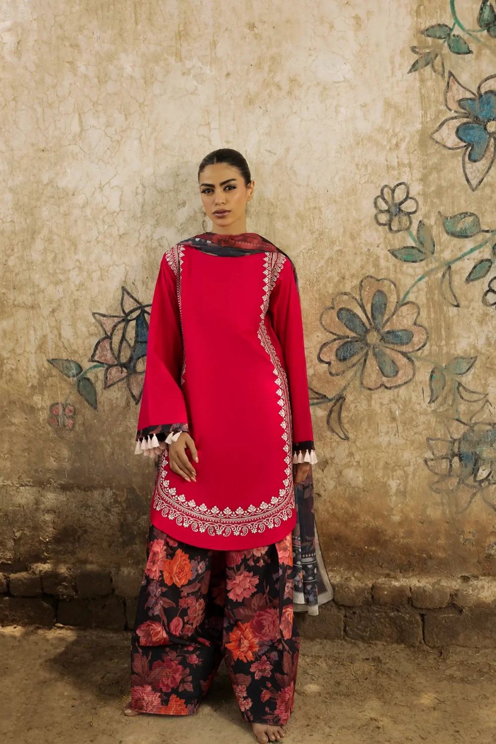 Coral Red Embroidered Lawn Farshi Shalwar Suit Online in Dubai UAE Abudhabi Ajman Sharjah