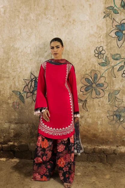 Coral Red Embroidered Lawn Farshi Shalwar Suit Online in Dubai UAE Abudhabi Ajman Sharjah