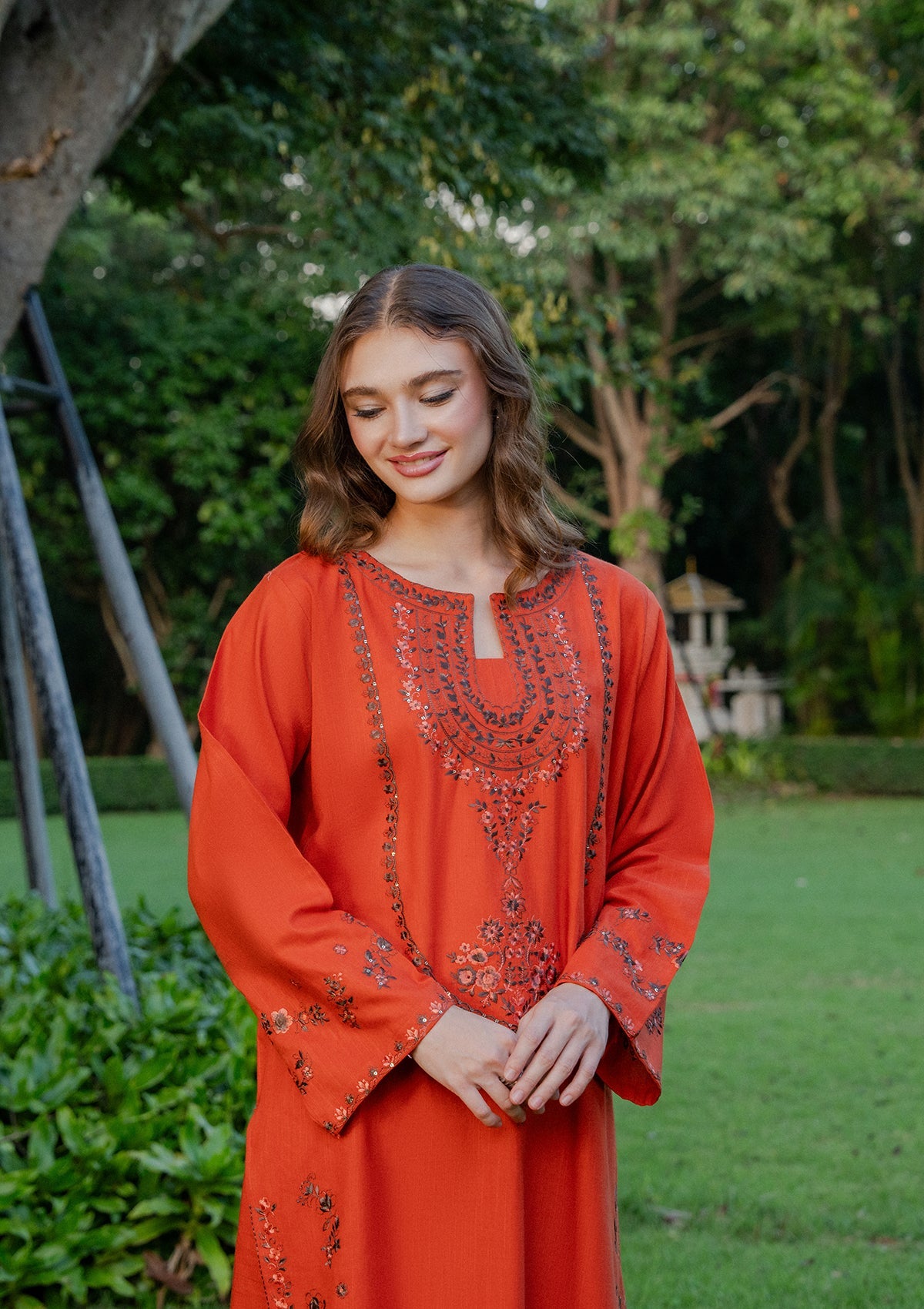 Coral Red Khaddar Embroidered 2 Piece Kurta Set Online in Sri Lanka India Australia