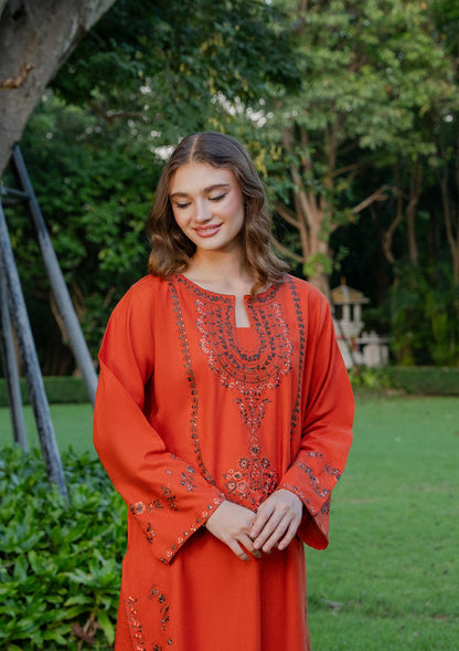 Coral Red Khaddar Embroidered 2 Piece Kurta Set Online in Sri Lanka India Australia