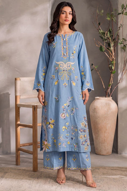 Cornflower Blue Embroidered Khaddar Kurta Set Online in Dubai UAE Abudhabi Ajman Sharjah