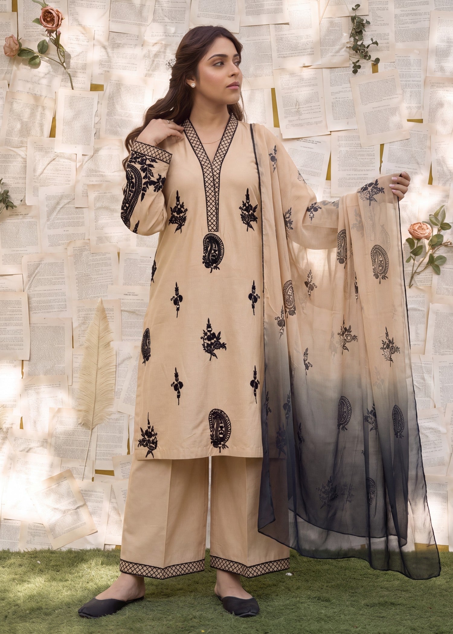 Cotton Beige Embroidered Ladies Suit Online in UK USA Canada