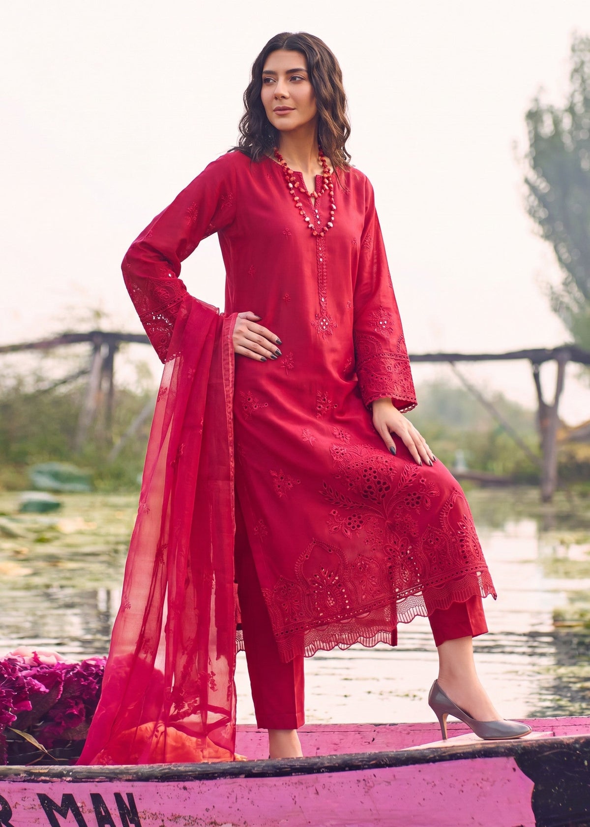Cotton Chikankari Red Salwar Kameez Online in KSA Riyadh Saudi Arabia Oman Bahrain Qatar