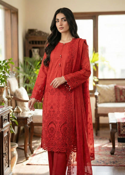 Cotton Chikankari Red Suit with Chiffon Dupatta Online in UK USA Canada