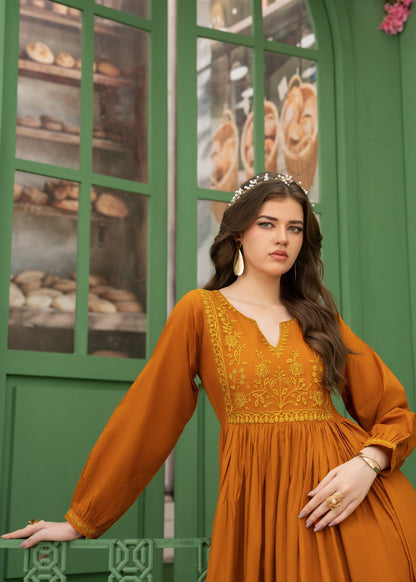 Cotton Embroidered Bronze Orange Dress Online in Dubai DXB UAE Abudhabi Meena Bazaar