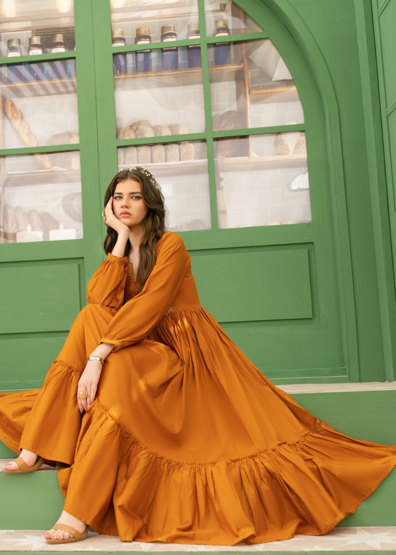 Cotton Embroidered Bronze Orange Pakistani Suit Online in KSA Riyadh Saudi Arabia Oman Bahrain Qatar