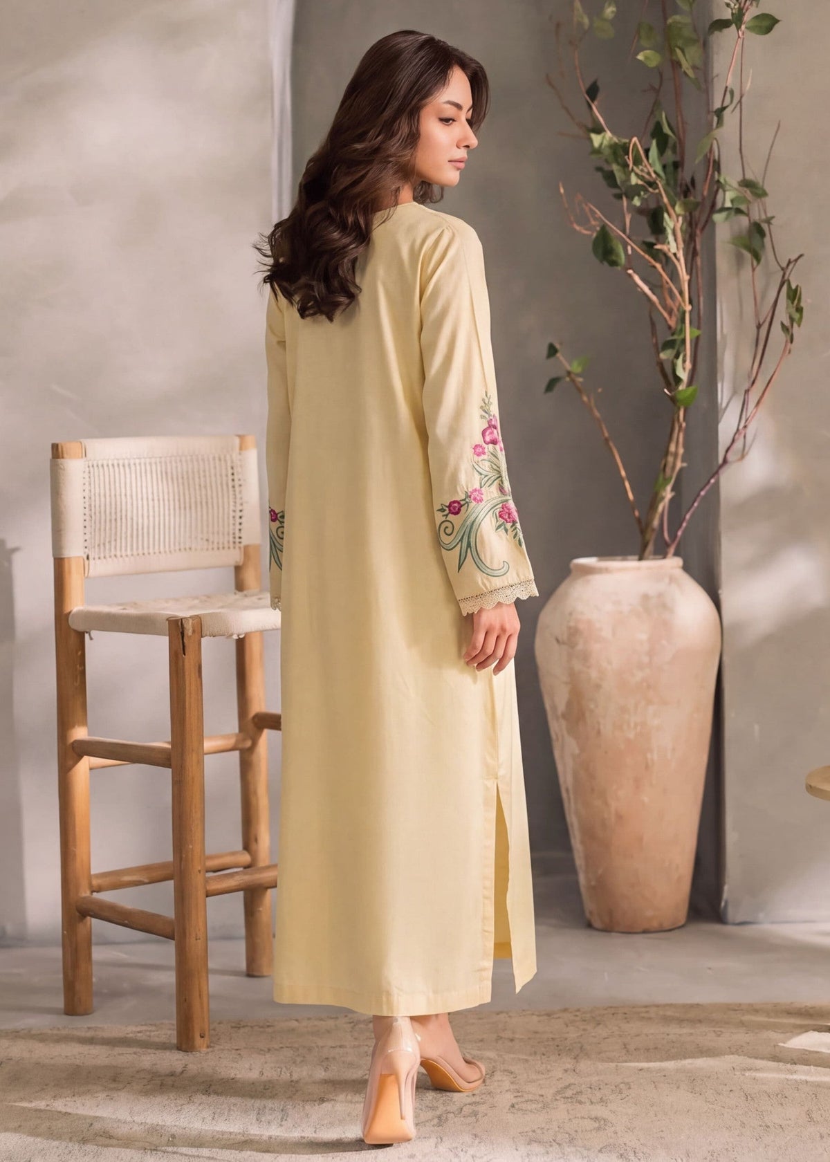 Cotton Embroidered Light Yellow Kaftan Online in KSA Riyadh Saudi Arabia Oman Bahrain Qatar