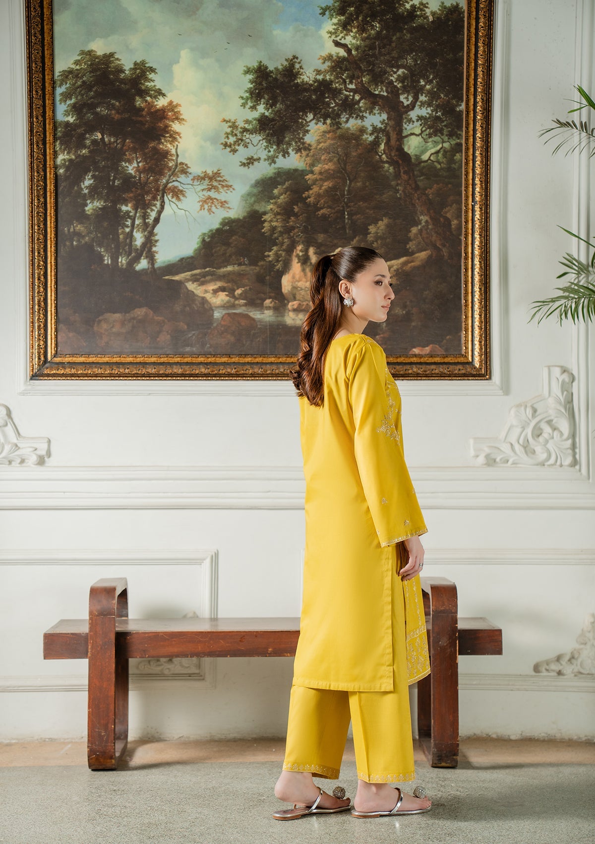 Cotton Embroidered Mustard Two Piece Suit Online in Dubai UAE Abudhabi Ajman Sharjah