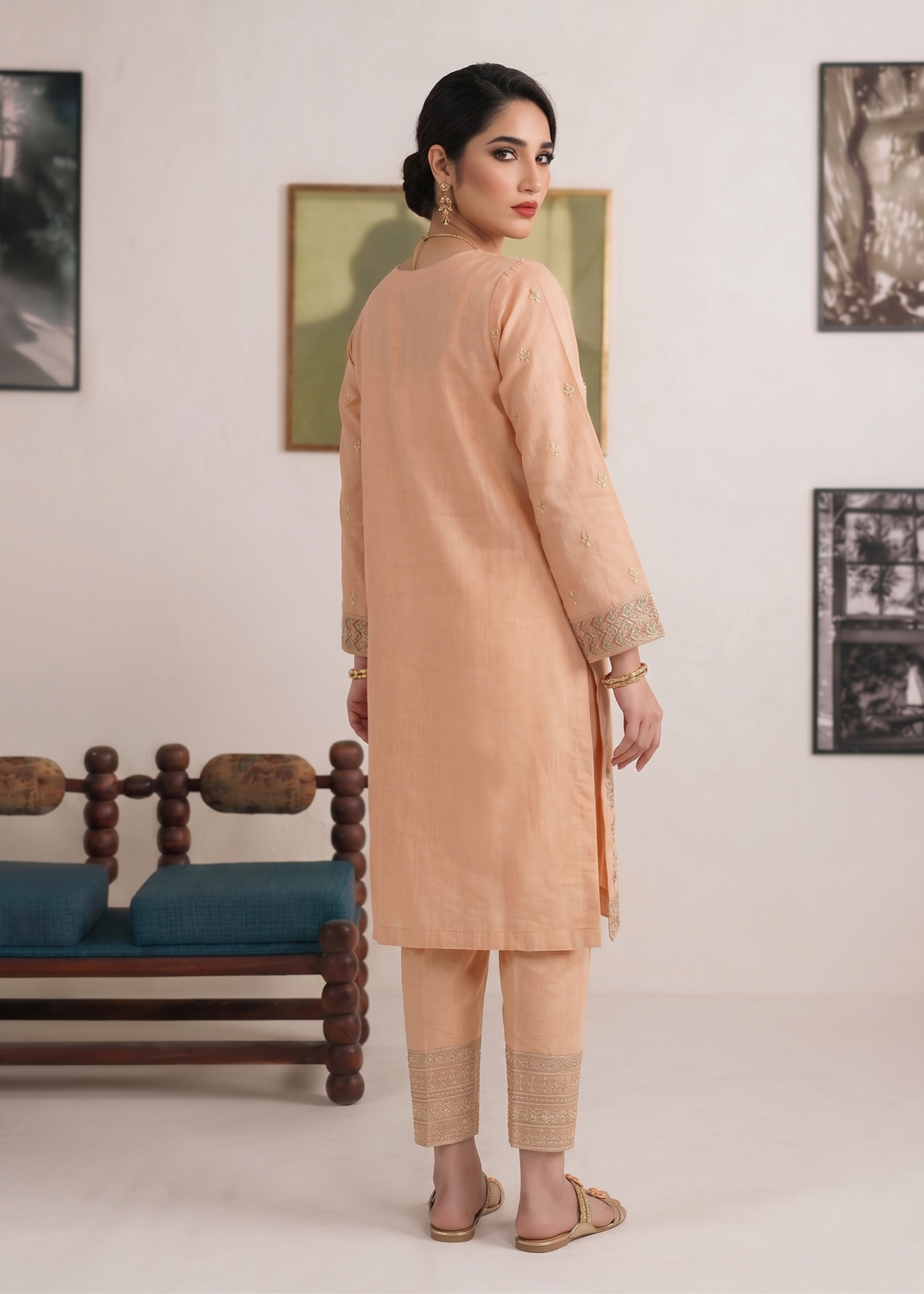 Cotton Embroidered Peach Straight Kurta Salwar Suit Online in Dubai UAE Abudhabi Ajman Sharjah