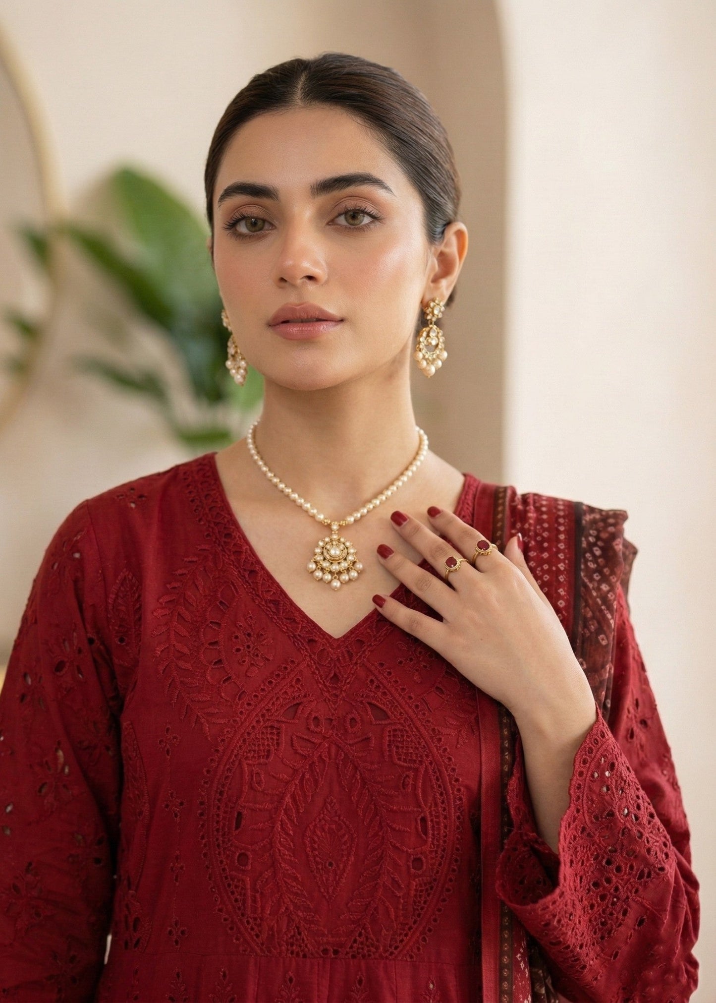 Cotton Embroidered Red Salwar Suit Online in KSA Riyadh Saudi Arabia Oman Bahrain Qatar