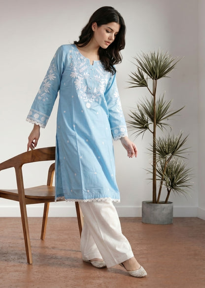 Cotton Embroidered Sky Color Kurta Pajama Online in Sri Lanka India Australia