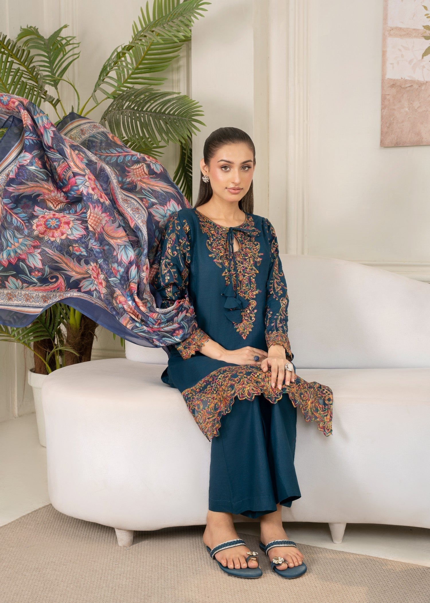 Cotton Embroidered Teal 3 Piece Suit Online in Sri Lanka India Australia