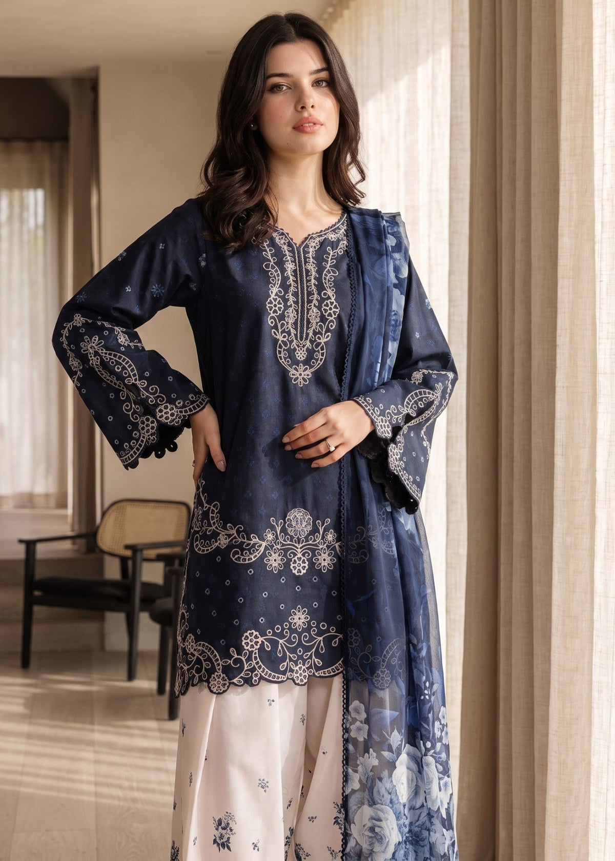 Ladies Embroidered Navy Blue Lawn Cotton Daily Wear Kurta Set Online in UK USA Canada