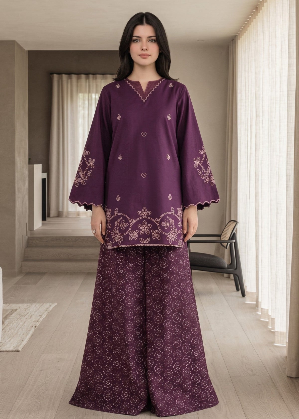 Ladies Embroidered Plum Purple Lawn Cotton Plazzo Kurta Set Online in UK USA Canada