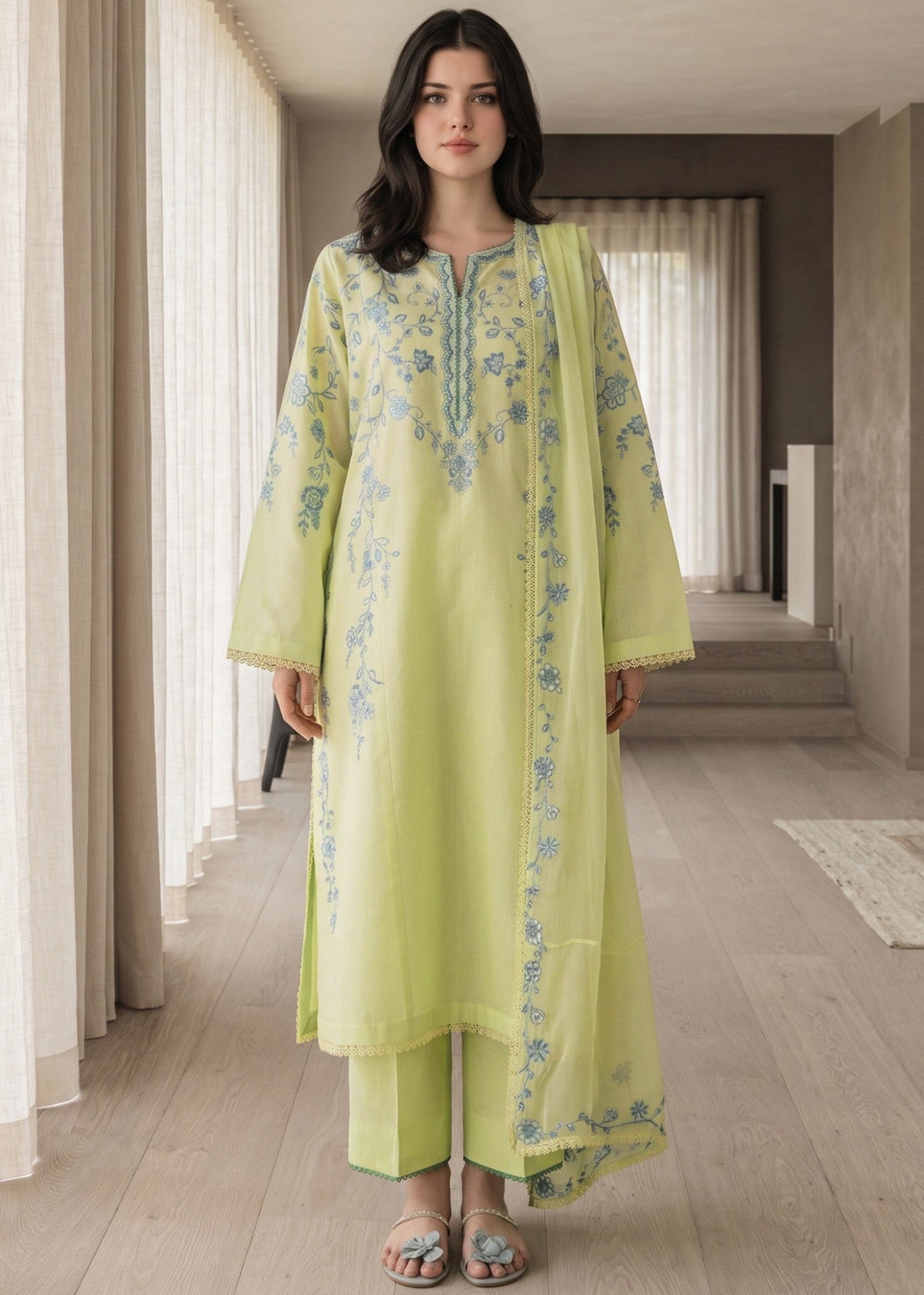 Ladies Tea Green Embroidered Lawn Cotton Shalwar Kameez Online in UK USA Canada