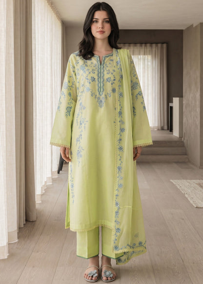 Ladies Tea Green Embroidered Lawn Cotton Shalwar Kameez Online in UK USA Canada
