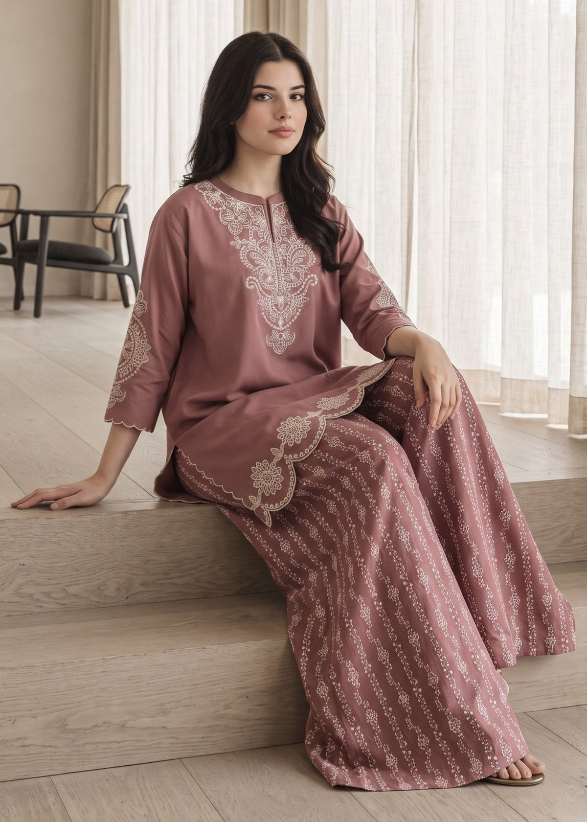 Ladies Tea Rose Pink Embroidered Plazzo Kurta Set Online in KSA Riyadh Saudi Arabia Oman Bahrain Qatar