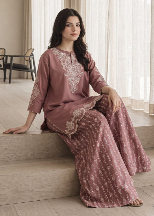 Ladies Tea Rose Pink Embroidered Plazzo Kurta Set Online in KSA Riyadh Saudi Arabia Oman Bahrain Qatar