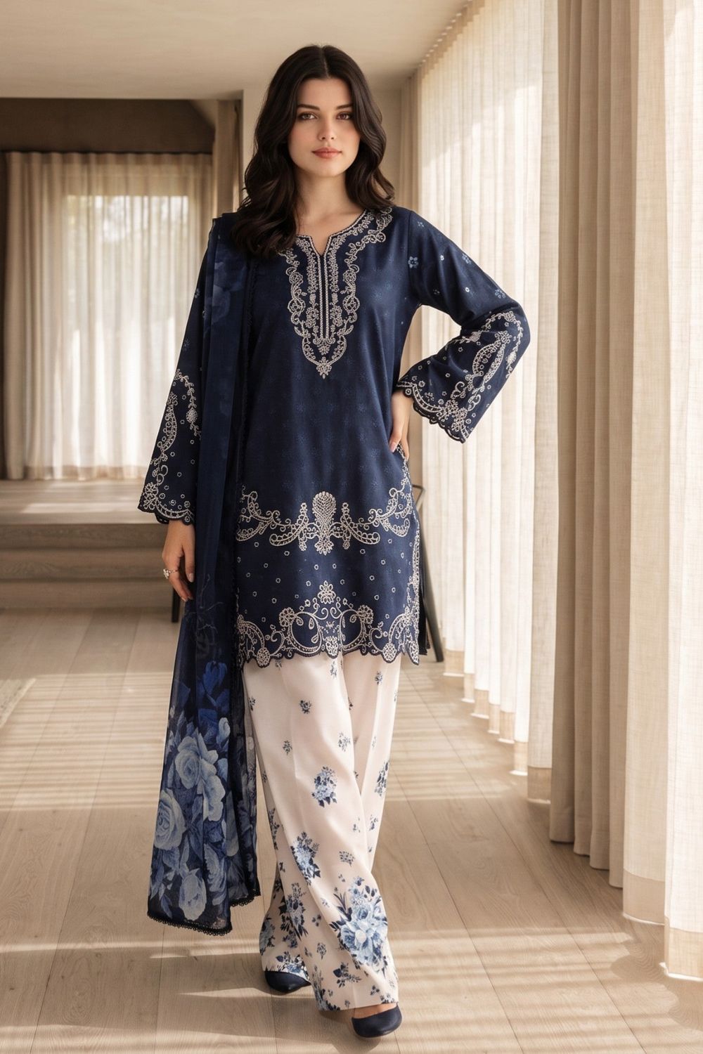 Navy Blue Embroidered Lawn Cotton Kurta Set Online in Dubai UAE Abudhabi Ajman Sharjah