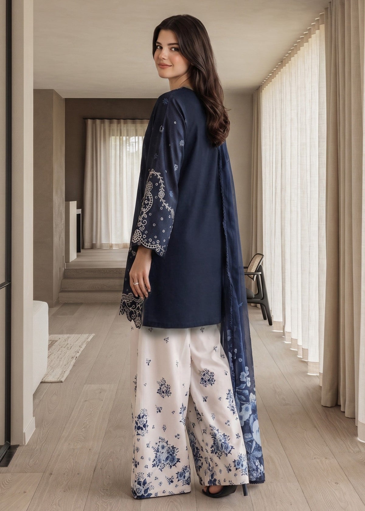 Navy Blue Short Kurta with Farshi Shalwar Pakistani Clothes Online in Sri Lanka India Australia
