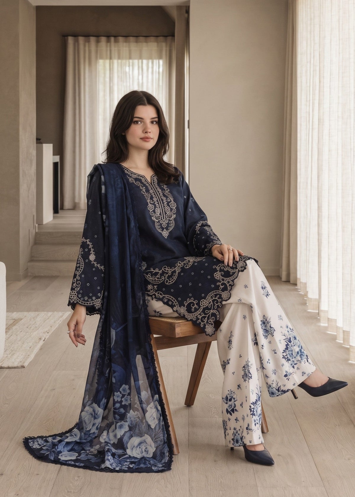 Pakistani Designer Navy Blue Lawn Cotton Farshi Shalwar Kurta Set Online in KSA Riyadh Saudi Arabia Oman Bahrain Qatar