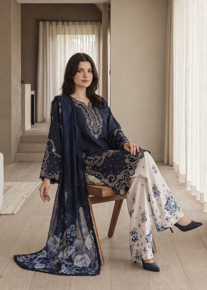 Pakistani Designer Navy Blue Lawn Cotton Farshi Shalwar Kurta Set Online in KSA Riyadh Saudi Arabia Oman Bahrain Qatar