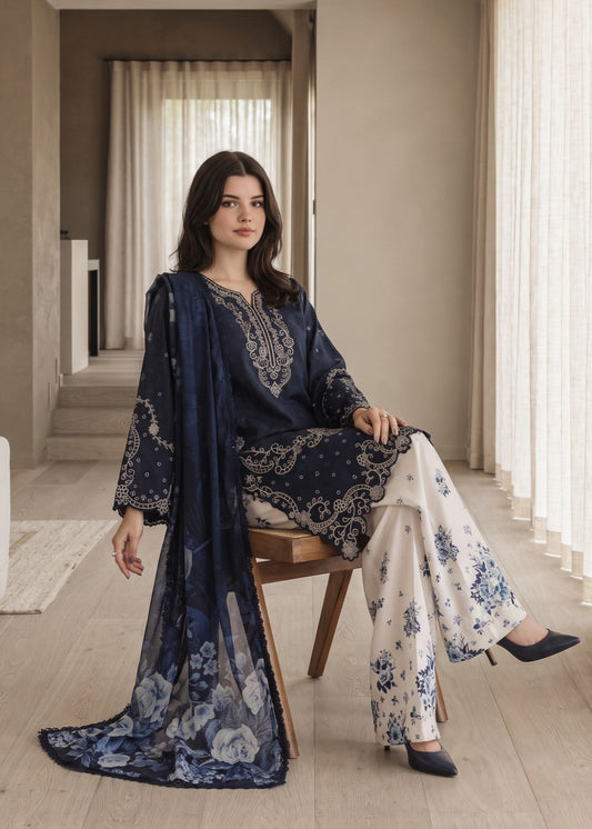 Pakistani Designer Navy Blue Lawn Cotton Farshi Shalwar Kurta Set Online in KSA Riyadh Saudi Arabia Oman Bahrain Qatar