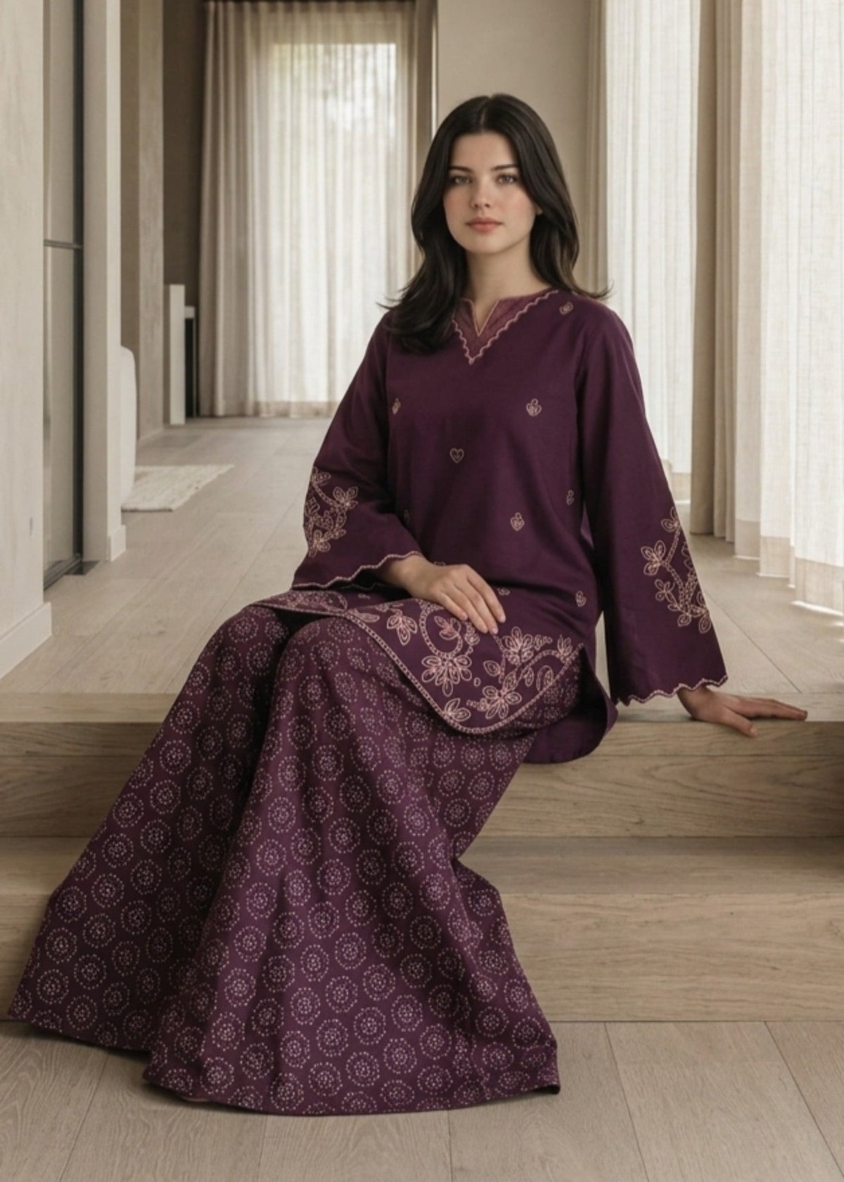 Pakistani Designer Plum Purple Lawn Kurta Set Online in KSA Riyadh Saudi Arabia Oman Bahrain Qatar